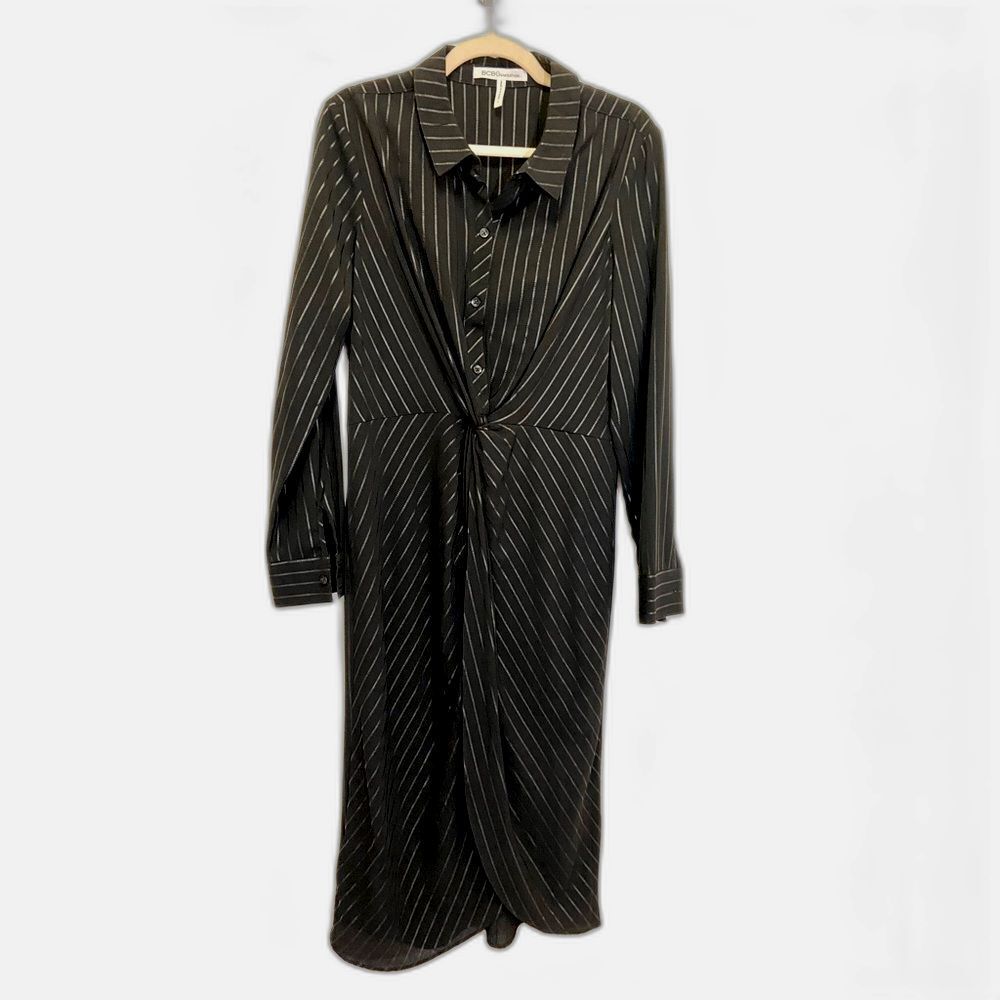 BCBGGeneration - Black and Silver Striped Shirt Dress - size L NWOT